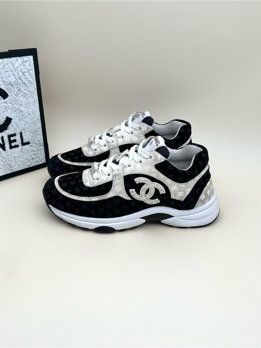 CHANEL Black & White CC Logo Panel Runner Sneakers